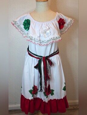 Girls White Mexican Style Floral Dress with Red & Green Accents